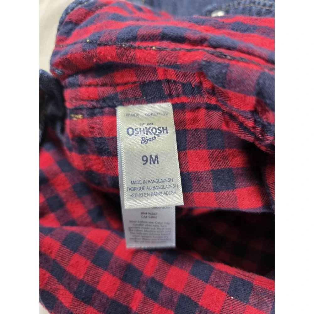 OshKosh B'gosh Overalls Baby Boys 9M‎ Blue Denim Vestbak Lined Plaid Snaps
